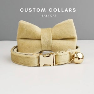 Personalized cat & small dog collar bowtie leash set, custom engraved puppy name tag, gold bell, male female pet gift