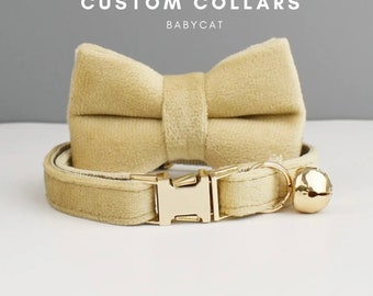 Collar de gato de terciopelo personalizado con pajarita y correa, etiqueta con nombre grabada personalizada