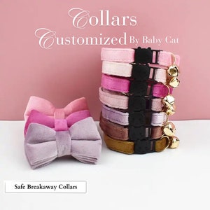 Personalized Pink Cat Collar with Bell, Custom Cat Collar Bow Tie, breakaway kitten collar, Adjustable Luxury Custom Cat Collar