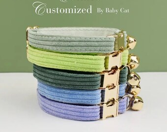 Green Custom Cat Collar with Bow & Bell, Personalised Kitten Collar Bow Tie for pet, Adjustable Luxury Soft Cat Collar