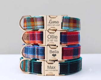 Conjunto personalizado de coleira e guia xadrez escocês para cães, com gravata borboleta, placa de identificação gravada, coleira ajustável para filhotes, presente para animais de estimação.