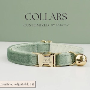 Green Custom Cat Collar with Bow&Bell, Personalised Kitten Collar Bow Tie for Pet Small Dog Gift, Adjustable Luxury Soft Cat Collar