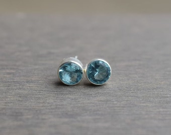 Blue Topaz Stud Earrings, Handmade Silver Studs, 925 Sterling Silver Stud Earrings, Gift For Her, Blue Gemstone Studs, Blue Topaz Earring
