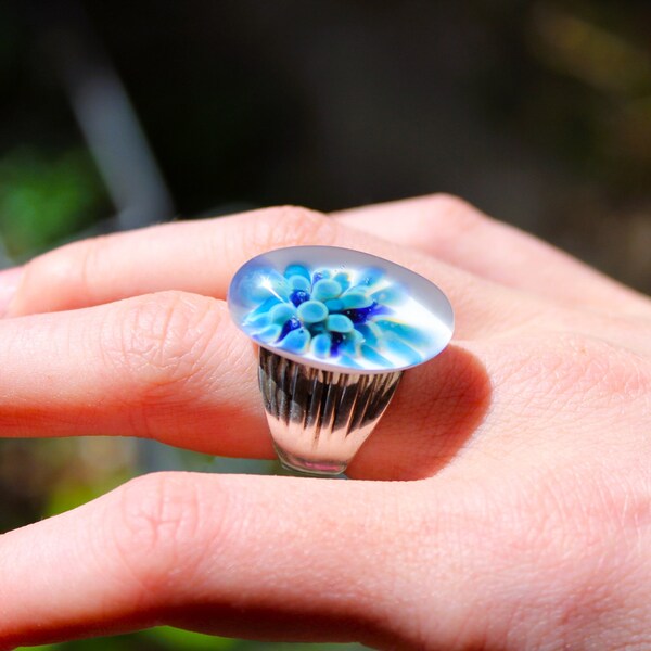 Bague en Argent massif avec cabochon de verre de borosilicate