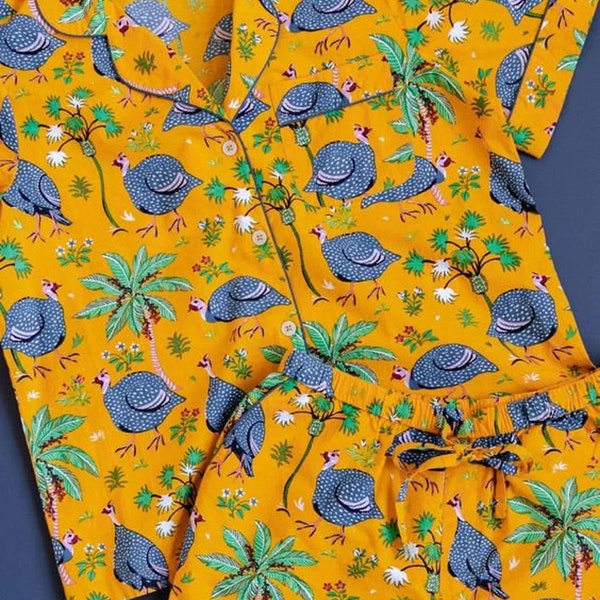 pyjama indien vintage, pyjama 100 % coton à imprimé blocs | Pyjama cadeau imprimé bohème | Ensemble lounge en coton doux Chemises de pyjama traditionnelles |