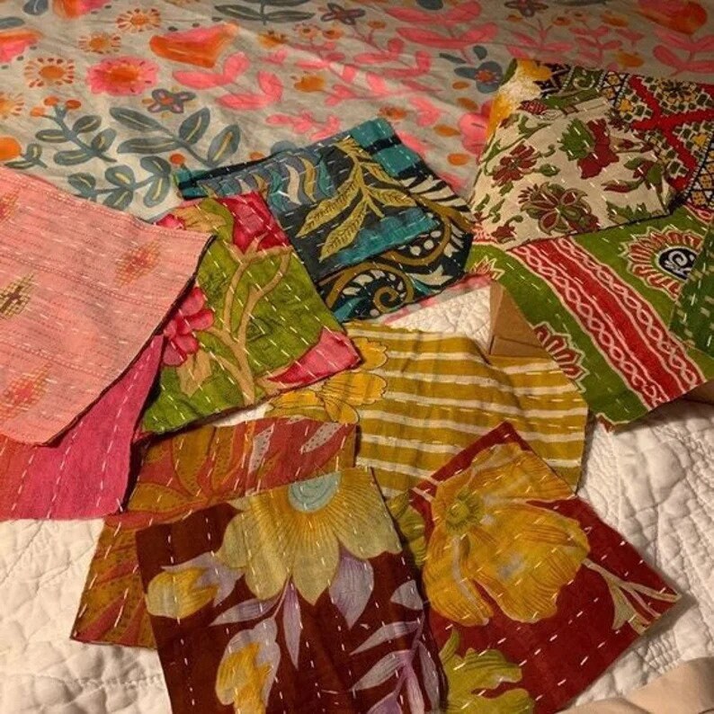 Vintage Kantha Stitch Quilt Swatches, Kantha Scrap Bundles Loose