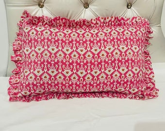 VIntage Indian Block print Bohemian Frill Cushion Pillow Cover Home Decorative Sofa throw Pillow, Boho frill Pillow square with pom pom trim