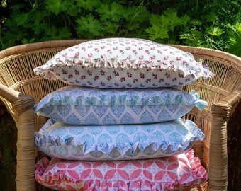 bohemian pillow cushion cover vintage home decor frill cushion | Block Print Boho Cushion Cover With Frill Handmade Cotton Bed Throw Pillows