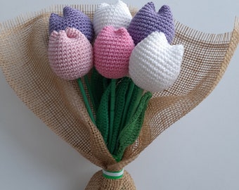 Tulipes au crochet, bouquet de tulipes, plantes au crochet, cadeau pour elle, fête des mères, bouquet de la Saint-Valentin, Cadeau pour les amoureux, maman, vous-même..