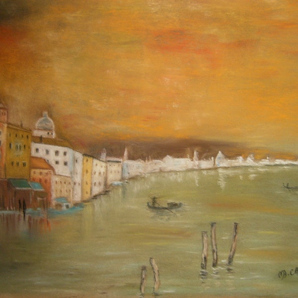 Dessin pastel sec, Venise, pièce unique