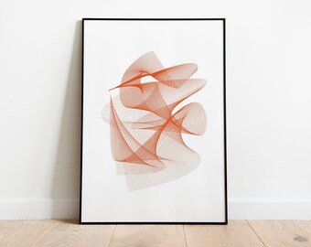 May include: Abstract art print with a red and white design. The design is made up of thin lines that create a swirling, organic shape.