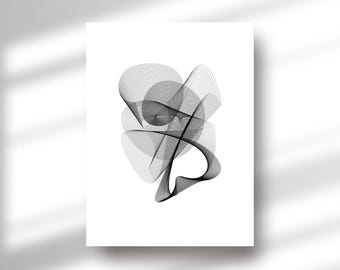 May include: Abstract black and white art print featuring flowing, curved lines and shapes. The artwork is displayed on a white background, creating a contrast that highlights the intricate design. The print is a modern piece of wall decor.