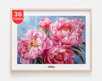 May include: A framed print of pink peonies with multiple layers of petals and yellow centers, set against a light blue backdrop. The print is in a light wood frame. A red circle in the upper left corner displays the text "36 Colors".