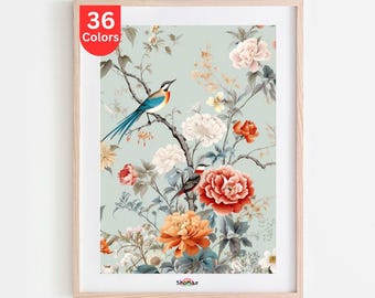 Zestaw do malowania po numerach pastelowymi kwiatami i ptakami: sztuka botaniczna DIY