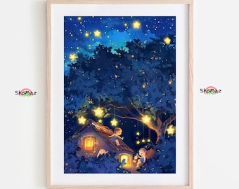 Moonlit Roof with Friendly Creatures - Charming Paint by Numbers