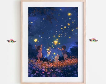 Starry Night Adventure with Bunnies - Whimsical Paint by Numbers