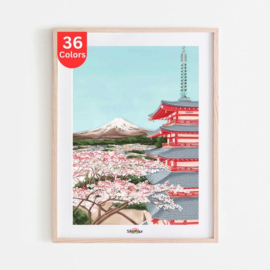 Mt. Fuji Cherry Blossoms Paint by Numbers Kit | DIY Japanese Art - Etsy