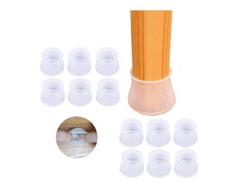 May include: A set of 12 clear silicone furniture leg caps. The caps are designed to protect floors from scratches and noise. The caps are shown on a wooden chair leg.