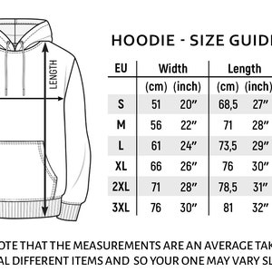 K&ouml;nnte beinhalten: Hoodie-Gr&ouml;&szlig;entabelle mit Ma&szlig;en in Zoll und Zentimetern. Die Tabelle zeigt die Breite, L&auml;nge und &Auml;rmell&auml;nge f&uuml;r die Gr&ouml;&szlig;en S bis 3XL.