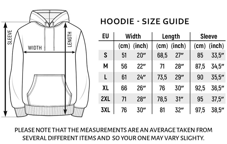 K&ouml;nnte beinhalten: Hoodie-Gr&ouml;&szlig;entabelle mit Ma&szlig;en in Zoll und Zentimetern. Die Tabelle zeigt die Breite, L&auml;nge und &Auml;rmell&auml;nge f&uuml;r die Gr&ouml;&szlig;en S bis 3XL.