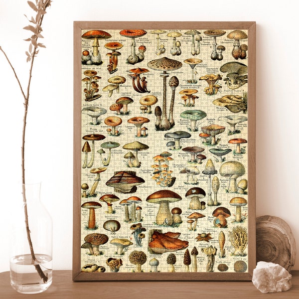 Mushroom Bouquet Jigsaw Puzzle, Larousse Print Puzzle, Fungus Art Jigsaw Puzzle, Vintage Puzzle Living Room Decoration, Wood Puzzle Game