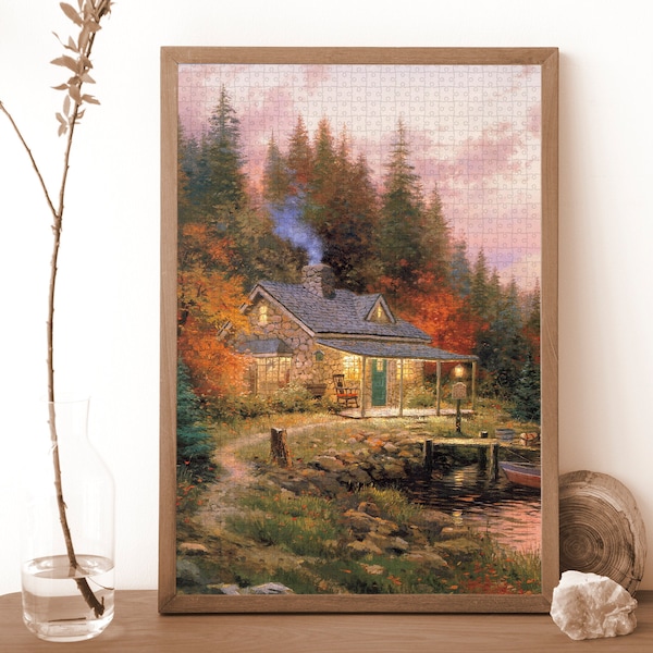 Cottage At Dusk Jigsaw Puzzle, Thomas Style Oil Painting Puzzle, Retro Forest Puzzle, 1000 Pieces High Quality Puzzle, Valentine's Day Gift