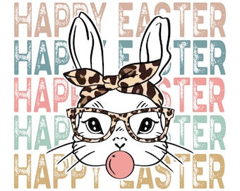 Happy Easter Stacked Cheetah Leopard Bunny Rabbit Printable, Easter PNG, Easter Bunny Png, Easter Sublimation, Retro Easter Png, png