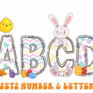 May include: A set of colorful alphabet letters with Easter-themed designs. The letters are A, B, C, and D. A yellow chick sits on top of the letter A, and a white bunny sits on top of the letter C. The letters are decorated with pastel colors and patterns, including polka dots, stripes, and zigzags. The letters are surrounded by Easter eggs and carrots.
