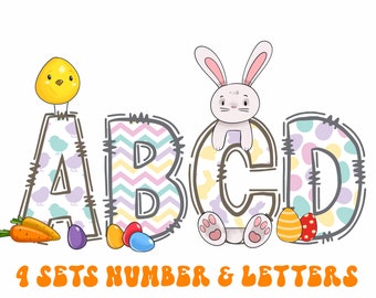 4 Set Easter Alphabet PNG, Easter Letters, Easter Doodle, Easter Eggs, Alpha Easter, Doodle Letters PNG, Sublimation,Easter, Bundle