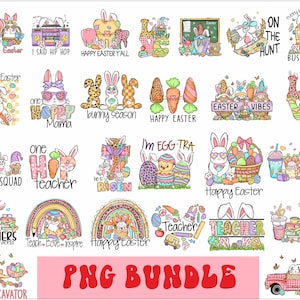 May include: A collection of colorful Easter-themed PNG graphics featuring bunnies, eggs, carrots, and text. Designs include phrases like "Happy Easter," "Bunny Season," and "Teacher." The images are in various styles, including cartoon and watercolor.
