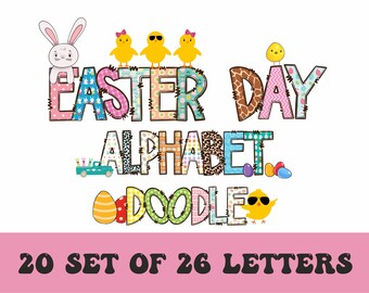 20 Set Easter Alphabet PNG, Easter Letters, Easter Doodle, Easter Eggs, Alpha Easter, Doodle Letters PNG, Sublimation,Easter, Bundle