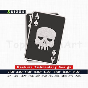 Desenho de bordado à máquina de ás de espadas, padrão de bordado à máquina de cartas de baralho, cartas de baralho Ás de copas, 8 tamanhos, arquivo PES