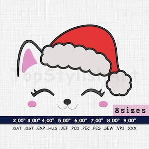 Christmas Cat Machine Embroidery Design, Santa Hat Kitty Digitized, Cat lover Christmas gift stitch pattern Instant Download  in 8 Sizes