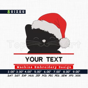 Desenho de bordado de máquina de gato de Papai Noel - Gato preto com chapéu de Papai Noel em 8 tamanhos | Arquivo de bordado para download instantâneo para DIY de Natal personalizado