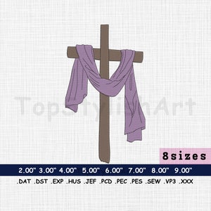 Cross Embroidery Design, Cross and Draped Cloth Embroidery Design, Christ&#39;s scarf Embroidery Design, in 8 Sizes, Multiple Formats
