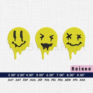 Melting Smiley Faces Machine Embroidery Design, Dripping Emoji Digitized, retro smiley face stitch pattern, Instant Download in 8 Sizes