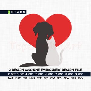 Dog and Cat with Heart Embroidery Design, Pet Love Motif Machine Embroidery, dog and cat pattern silhouette instant digital download