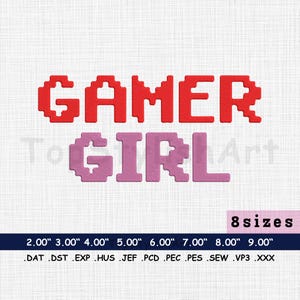 Gamer Girl Machine Embroidery design file,  Pixel Art Style digitizing embroidery | Gamers, Gaming Apparel Embroidery 8 Size file PES