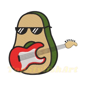 Avocado Gitarre spielend Stickmusterdatei | coole Avocado digitalisierte Stickerei | PES-Format | Witziges Emoji