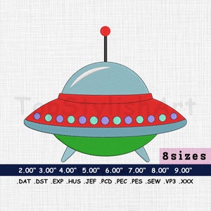Colorful UFO Machine Embroidery Design, Alien Spaceship Machine Embroidery, Sci-Fi UFO Embroidery Pattern, 8 Sizes