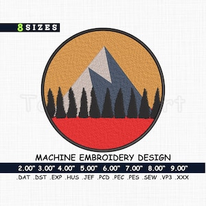 Mountains Sunset Machine Embroidery Design, Sunset Mountain Forest Embroidery Patch , Scenic Mountain Embroidery Design, 8 Sizes.