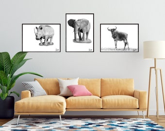 set of three black and white animals, animal fine art, nature, graphic design, nature photography