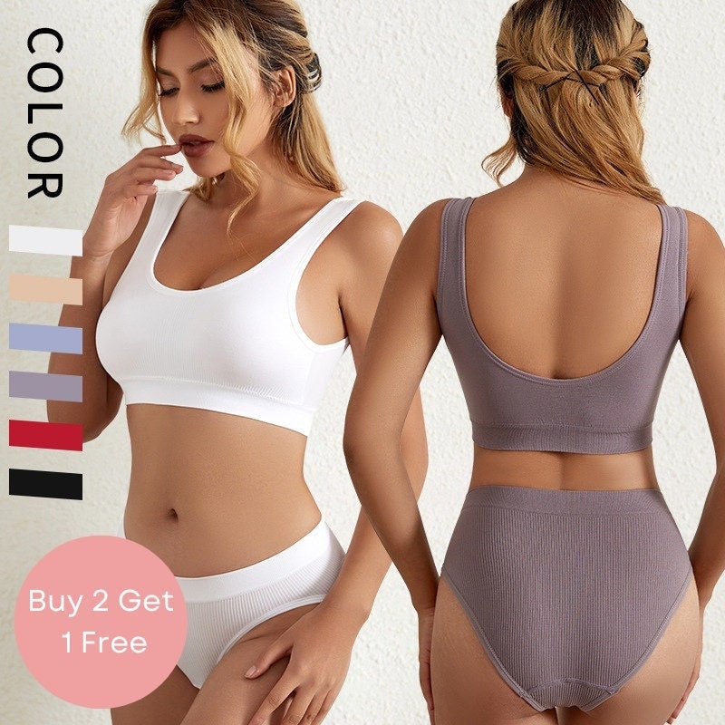 French Sexy Bra Set Women Wireless Underwear and High Waist Panties Cotton  Cozy Classic Stretchy Tank Top Female Ribbed Lingerie