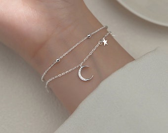 Crescent Moon and stars Layering Bracelet, Moon Bracelet, Dainty Bracelet, Celestial Jewellery, Sterling Silver Bracelet