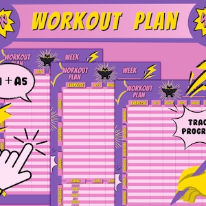 May include: Printable workout planner with a pink and purple color scheme. The planner includes sections for tracking sets, reps, weight, cardio, and check marks. The planner also includes a section for tracking progress with a hand holding a pen.