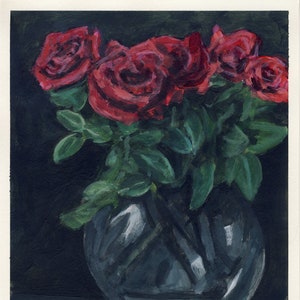 Roses rouges, peinture originale sur carton, 21 x 25 cm, 112-2018