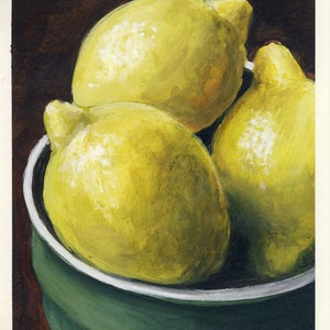 Trois citrons dans un bol, peinture originale sur carton, 17 x 20 cm, 092-2017