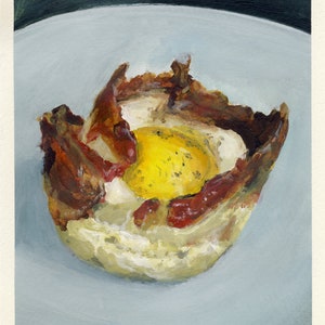 Tarte aux œufs frits et au bacon, peinture originale sur carton, 17 x 20 cm, 066-2017