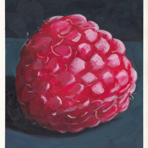 May include: A single, ripe raspberry painted in a realistic style. The raspberry is a deep red color with a slightly textured surface. The background is a dark blue.