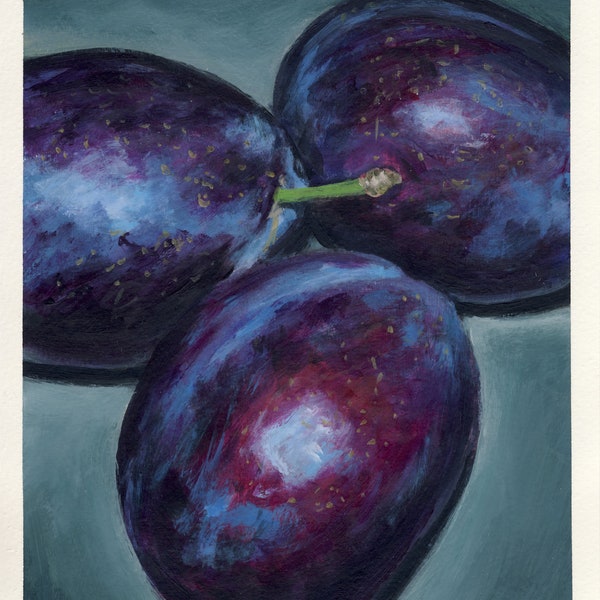 Prunes, Peinture originale sur carton, 17 x 20 cm, 033-2018